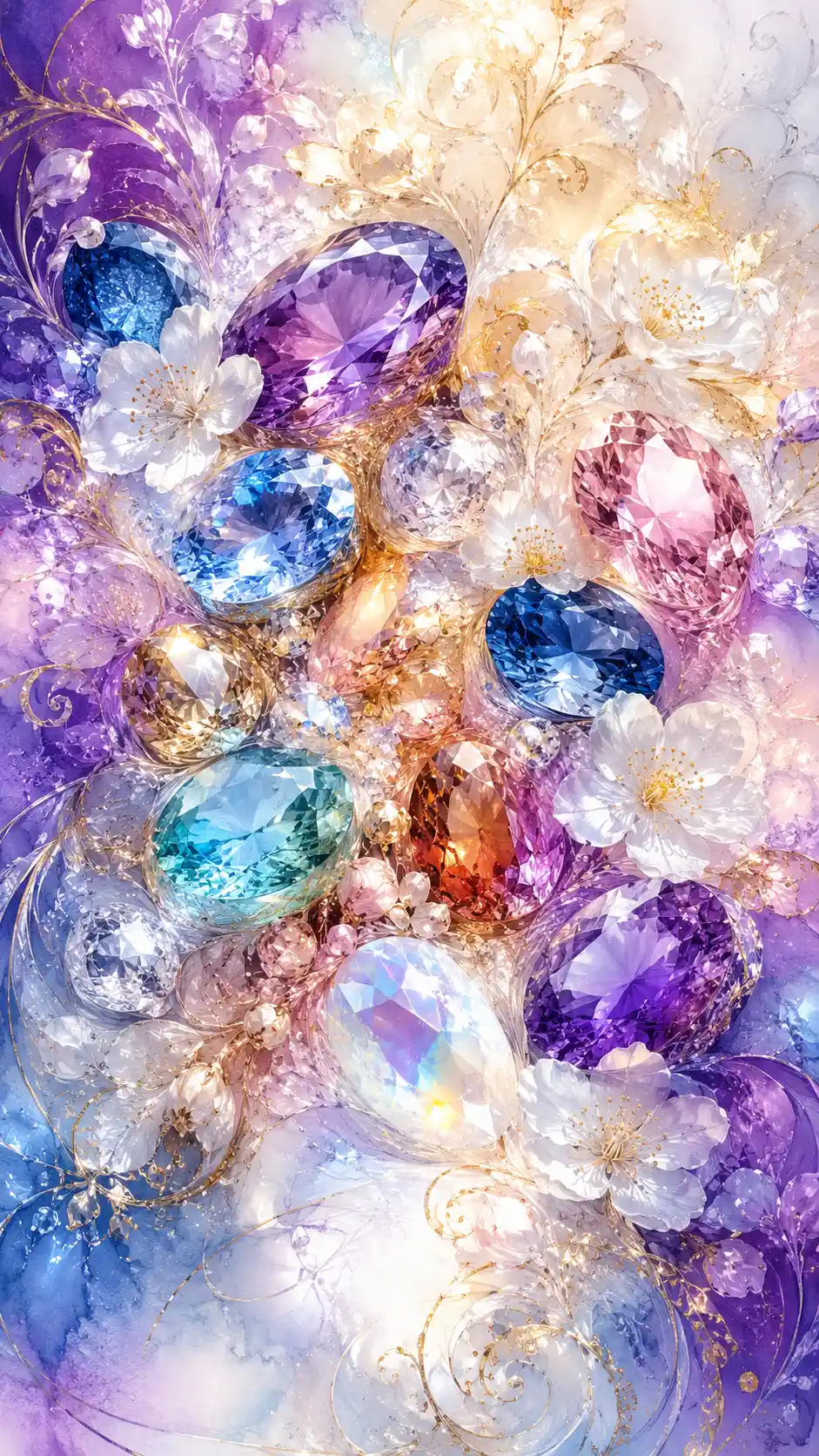 Close up of gemstones and white blossoms with glowing gold