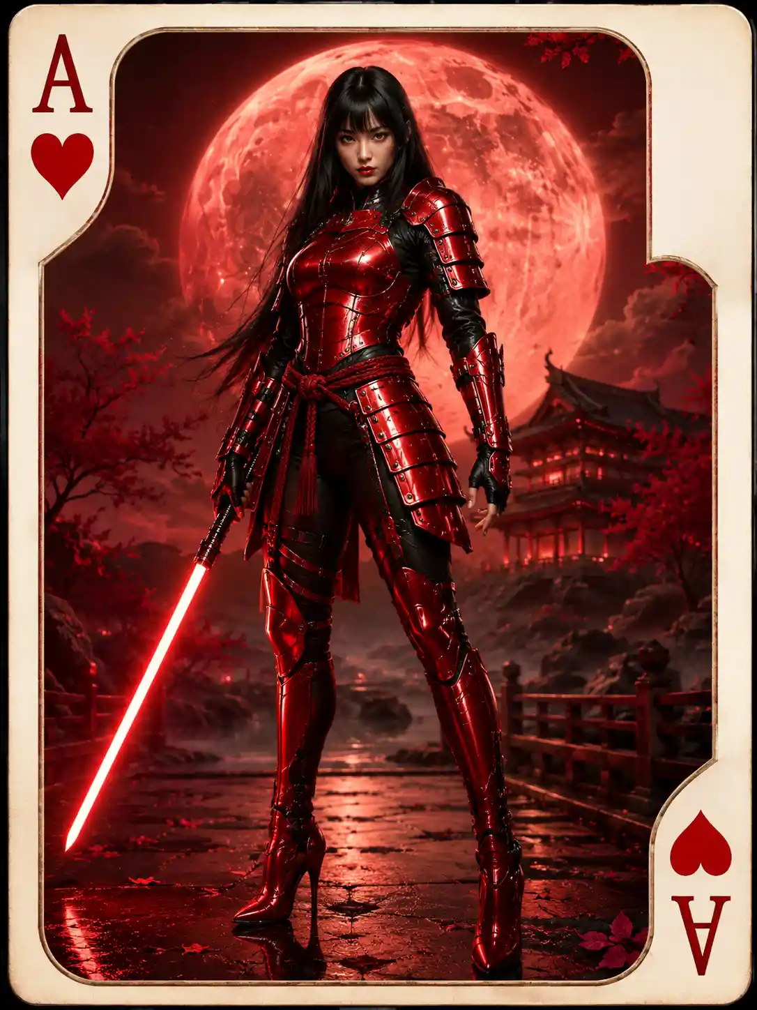 Female samurai warrior with red armor and energy blade