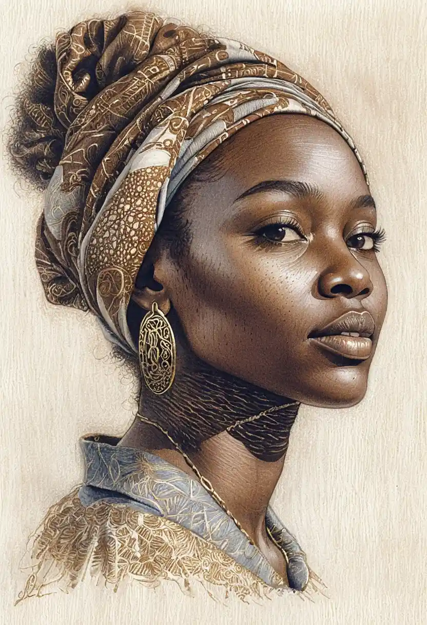 Portrait serein de profil d’une femme africaine avec foulard