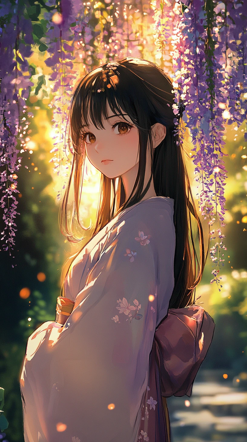 Anime girl in kimono under glowing wisteria blossoms