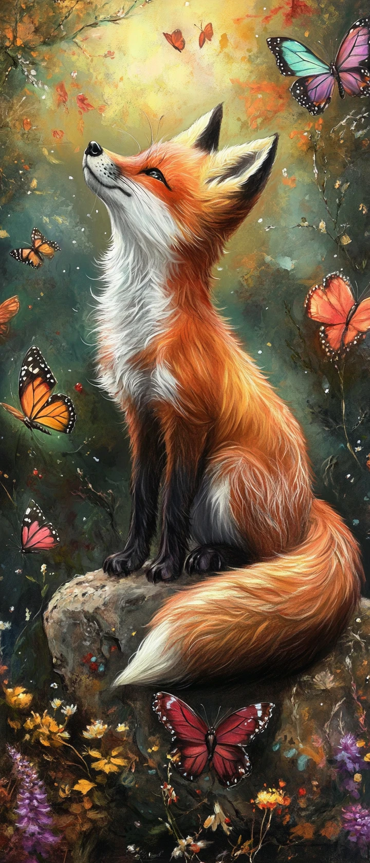 Painterly fox in a vibrant nature inspired dreamscape