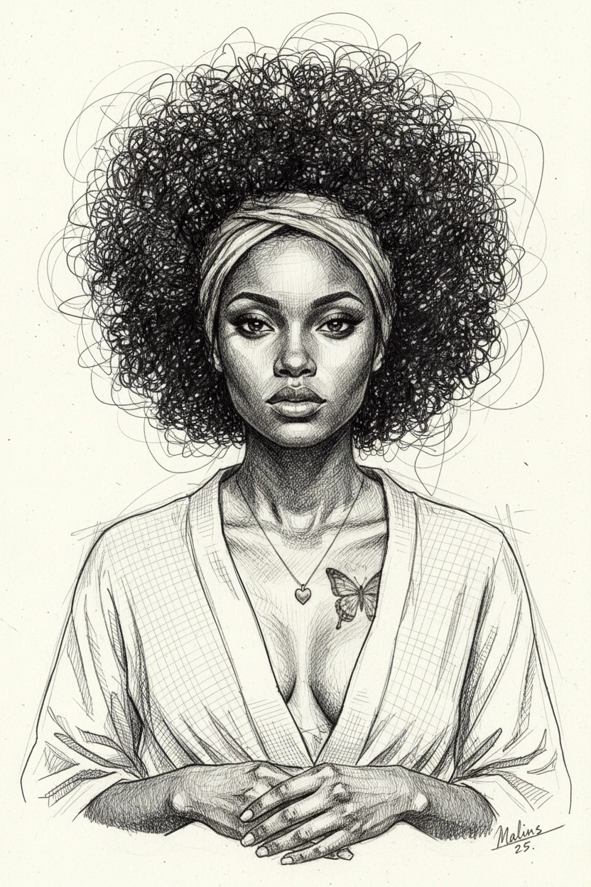 Textured graphite portrait of a black woman facing forward