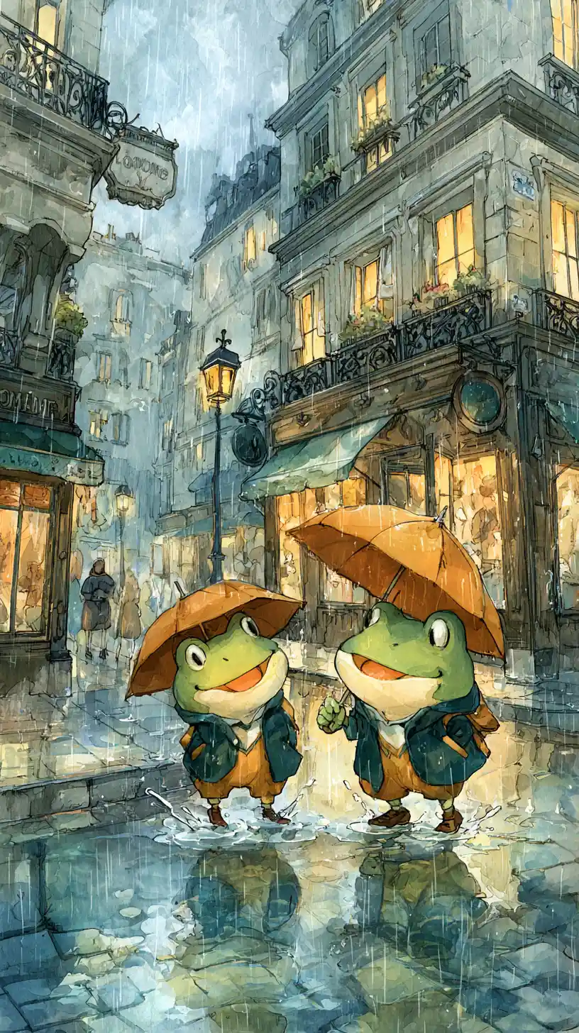 Joyful Frogs Running Through A Rainy City Street