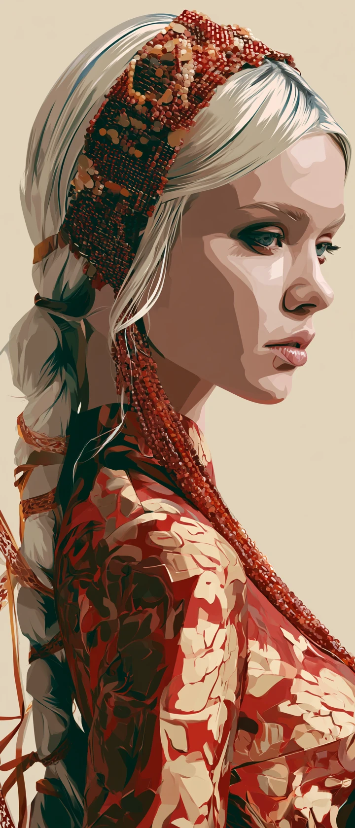 Supermodella russa bionda in broccato rosso – illustrazione di moda