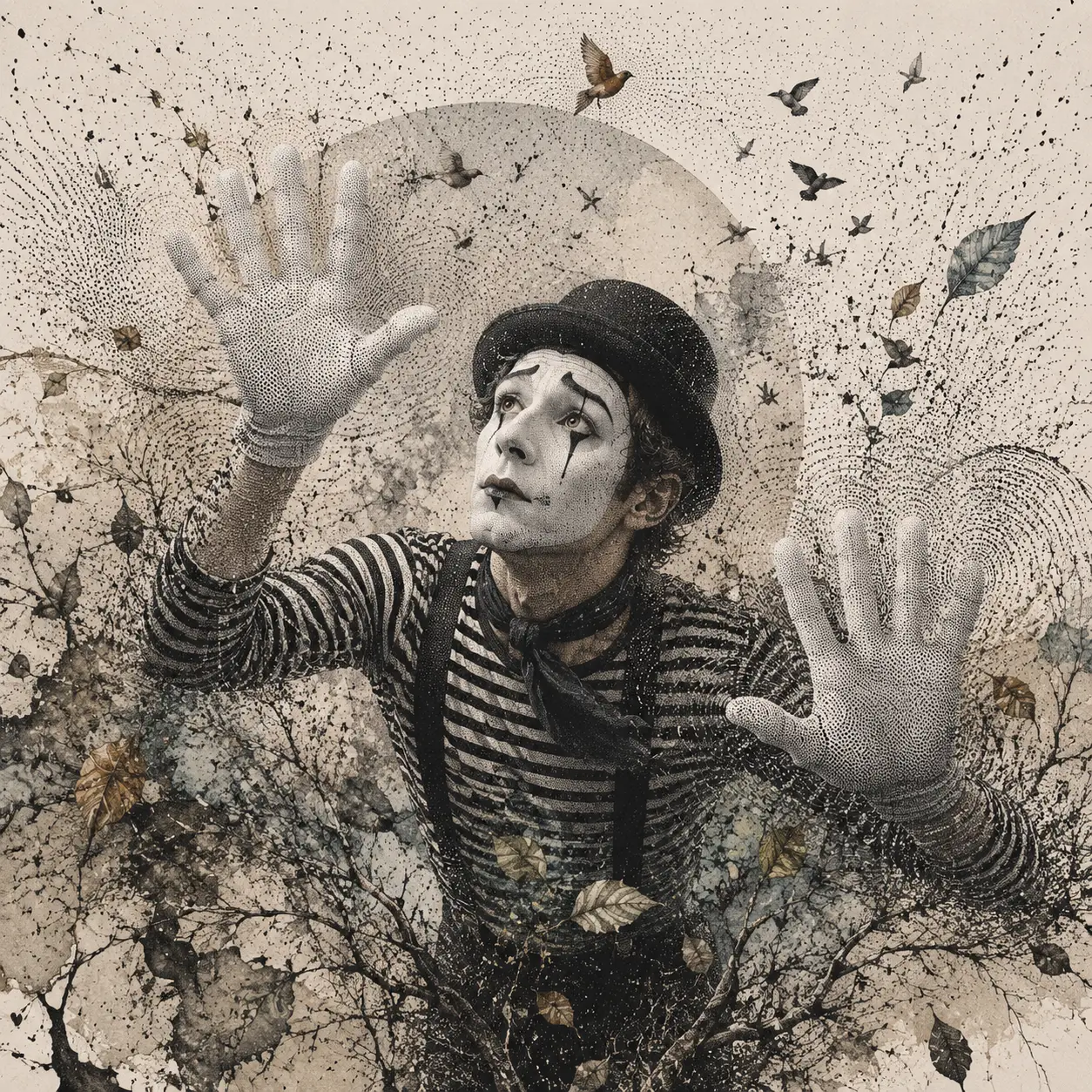 Mime Pressing Against An Invisible Stippled Glass Barrier