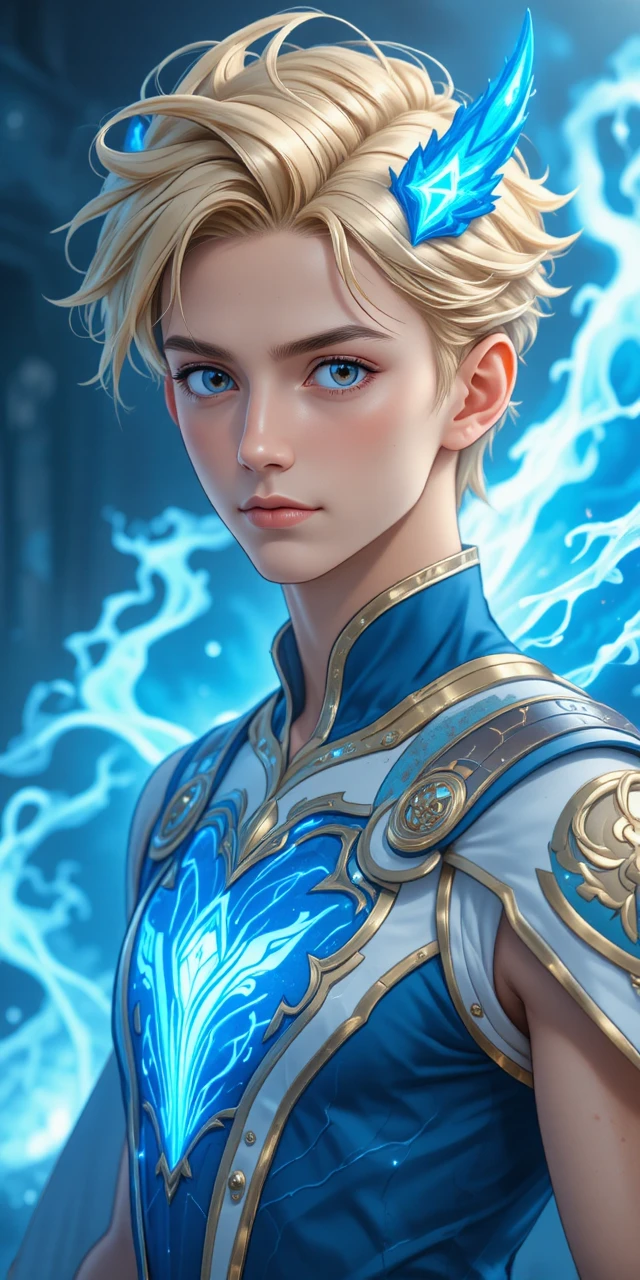 Young anime hero with glowing blue antlers and cape
