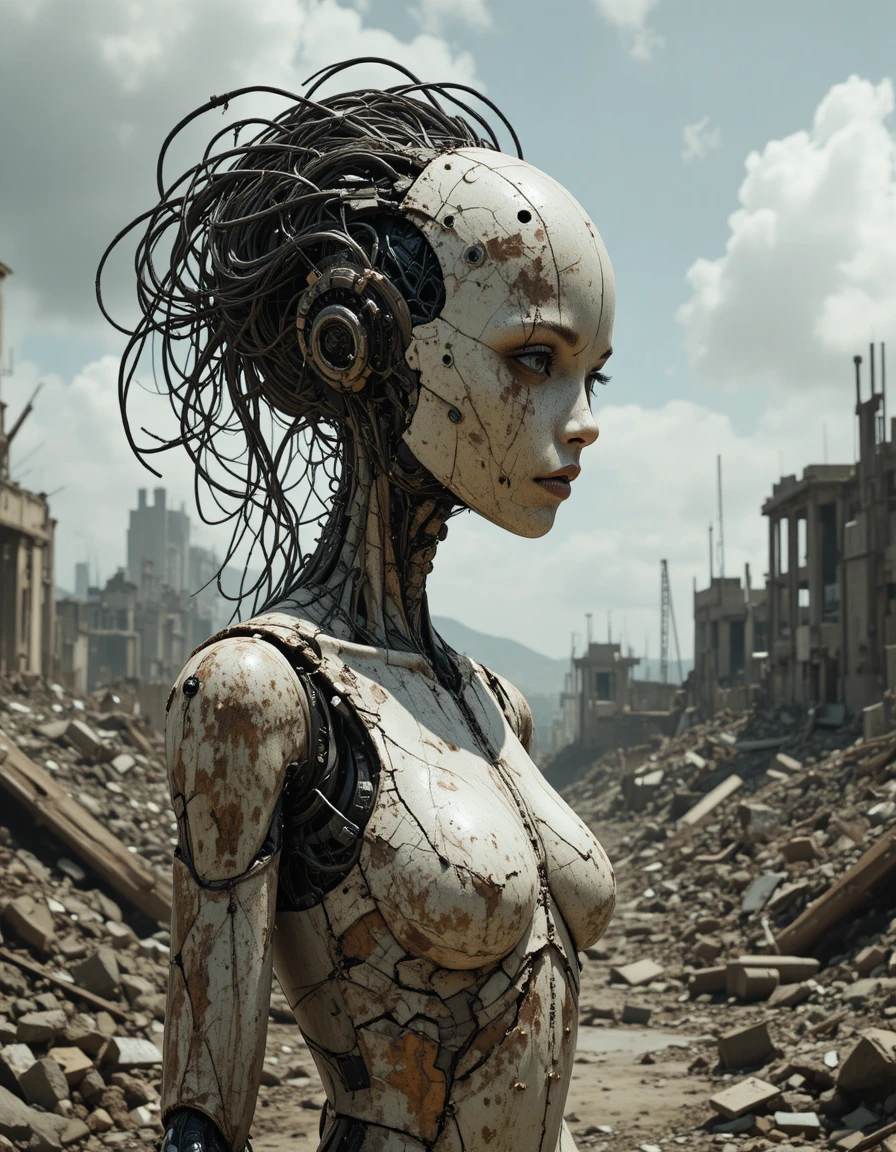 Android girl standing in a ruined post apocalyptic wasteland