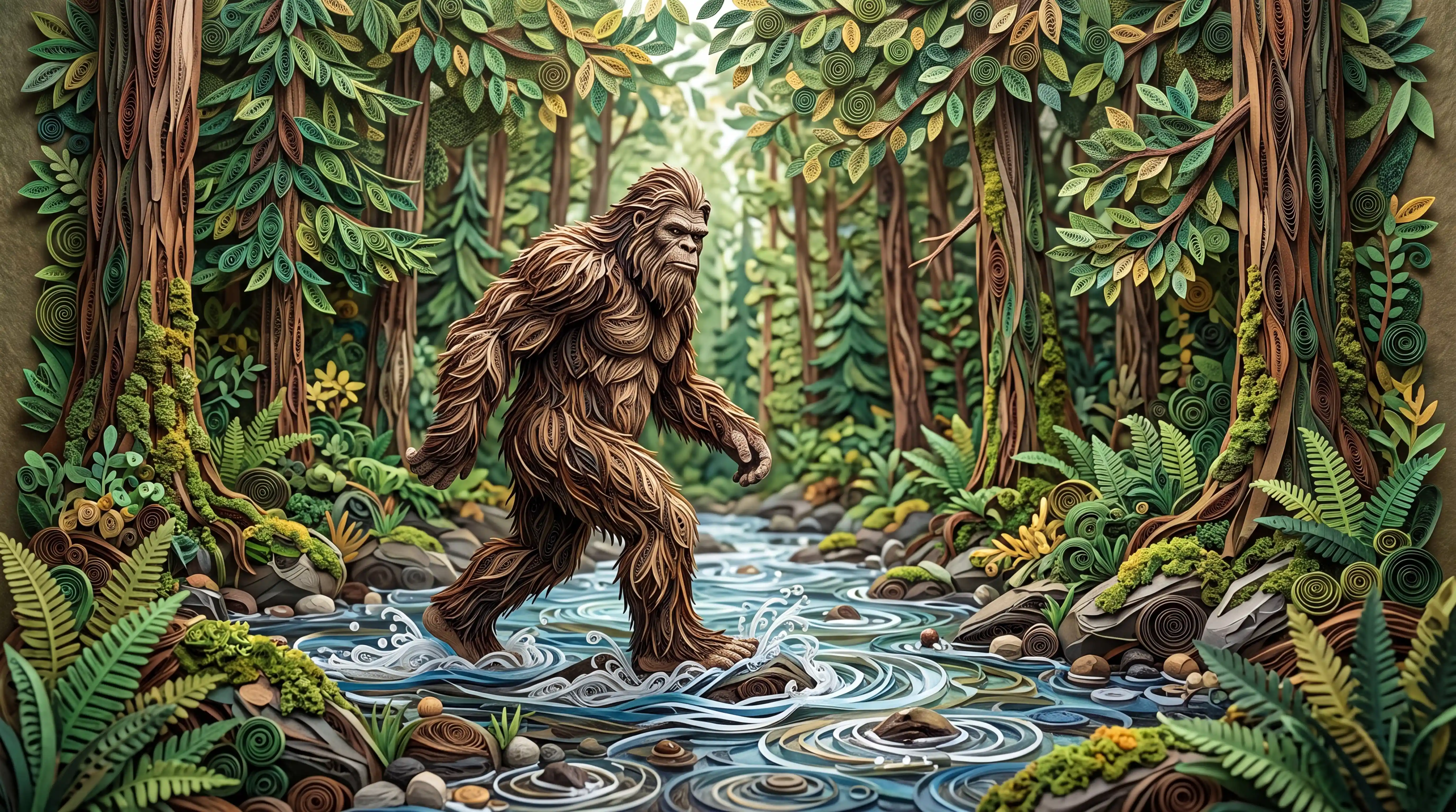 Sasquatch, der durch einen Fluss im üppigen Regenwald watet