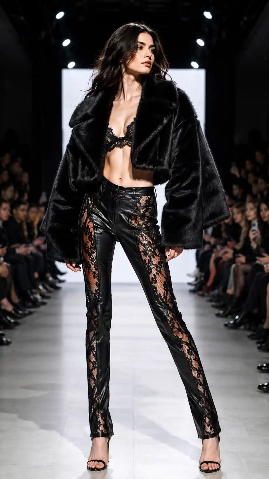Runway model in lace pants and cropped fur jacket