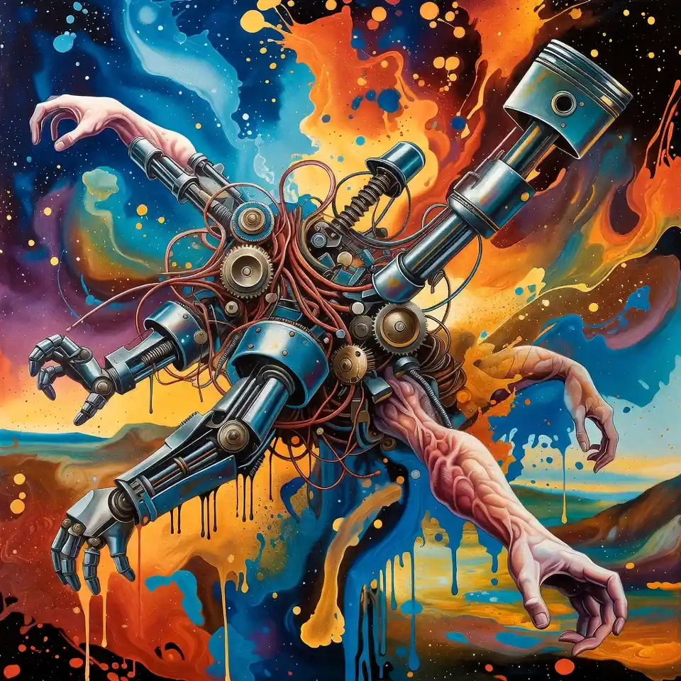 Surreal Biomechanical Creature Emerging In Abstract Color Vortex