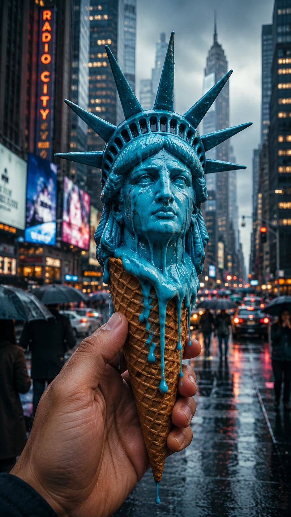 Cono de helado surreal con cabeza de la Estatua de la Libertad en ciudad lluviosa