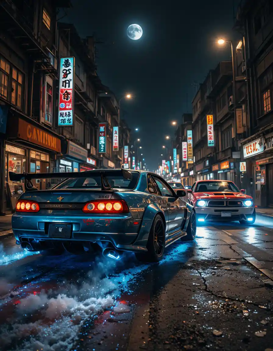Neon street racing cars in a dark industrial city