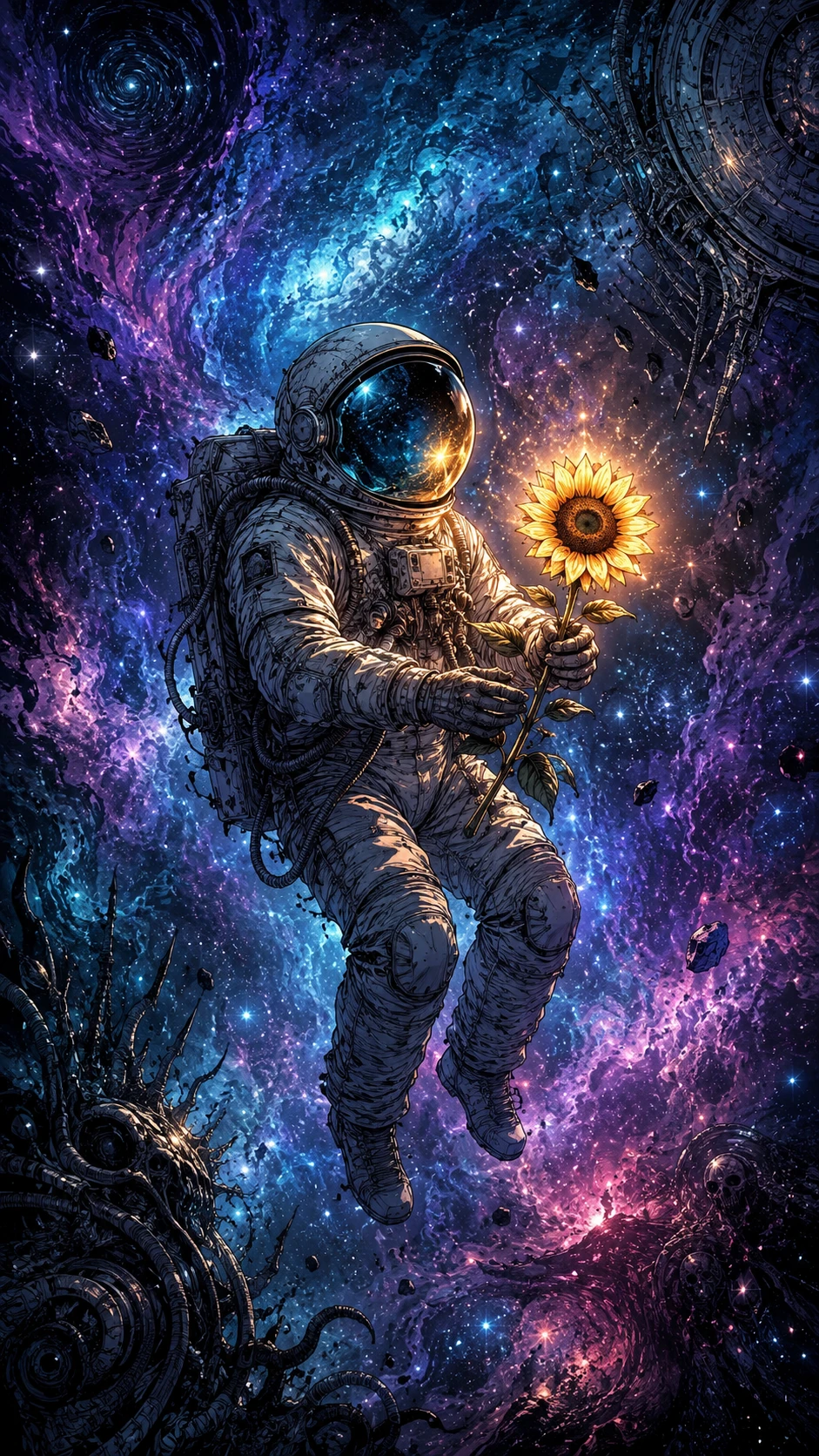 Astronauta con Girasol Brillante Flotando en una Nebulosa Colorida