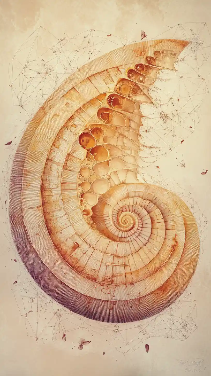 Chambered Nautilus Shell Unfolding Into Cosmic Fractal Patterns