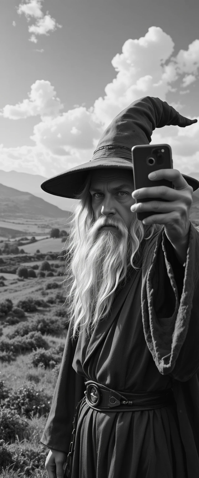 Black and white wizard taking a selfie in the countryside