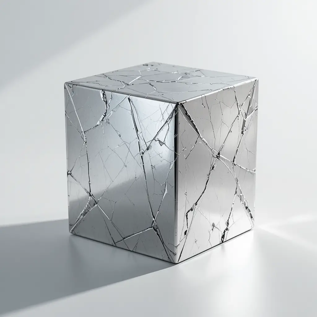 Polished metallic cube on pure white minimalist background