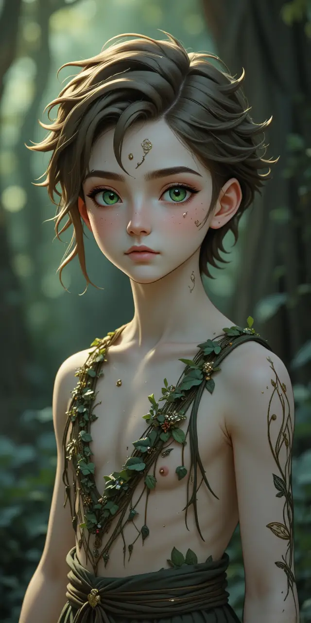 Young fantasy boy with dark nature magic aura