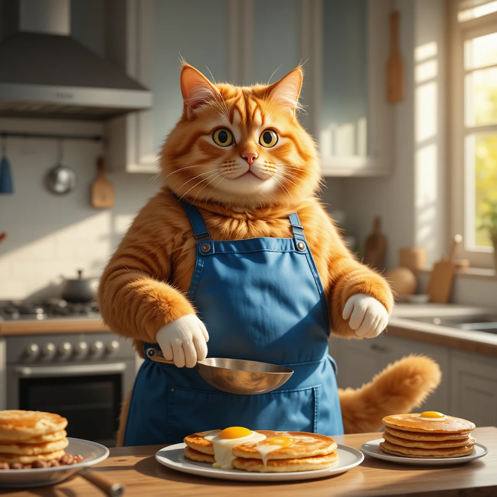 Chubby orange cat cooking breakfast in a modern kitchen