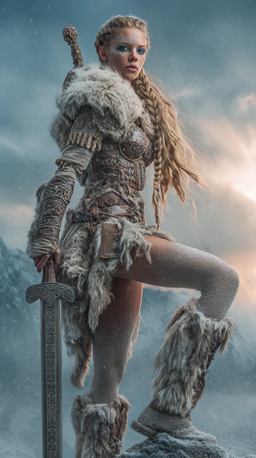 Guerrera vikinga con armadura junto a un fiordo nórdico resplandeciente