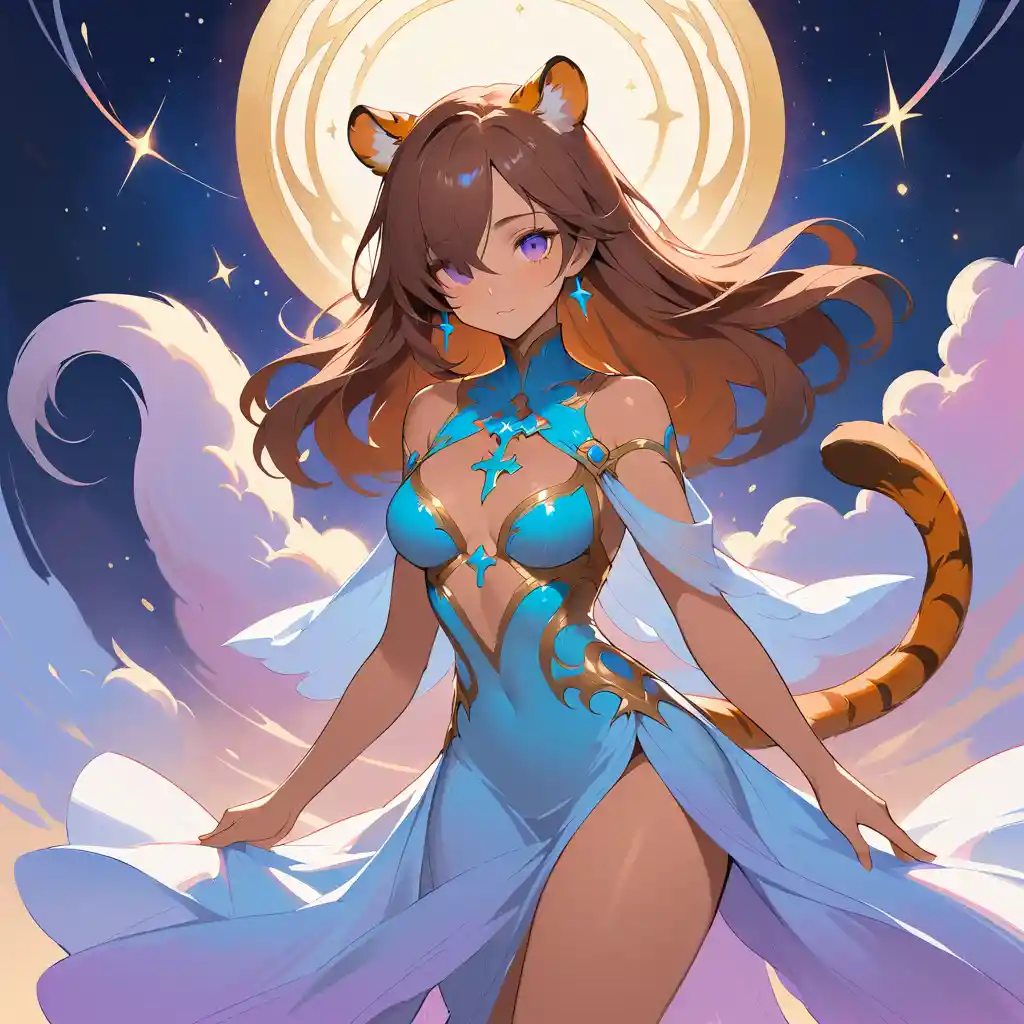 Curvy fantasy woman with tiger ears tail and scars