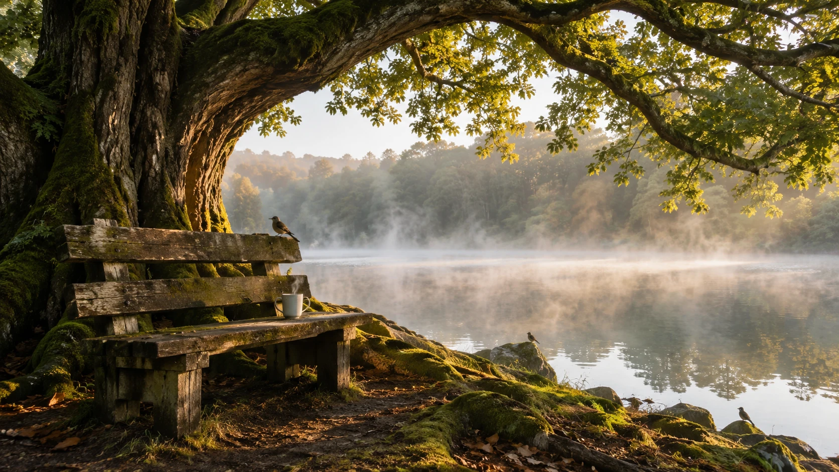 Wooden bench under oak tree beside a misty lake