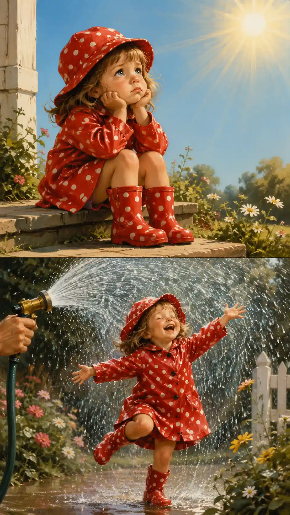 Menina triste de capa de chuva vermelha sob um céu ensolarado