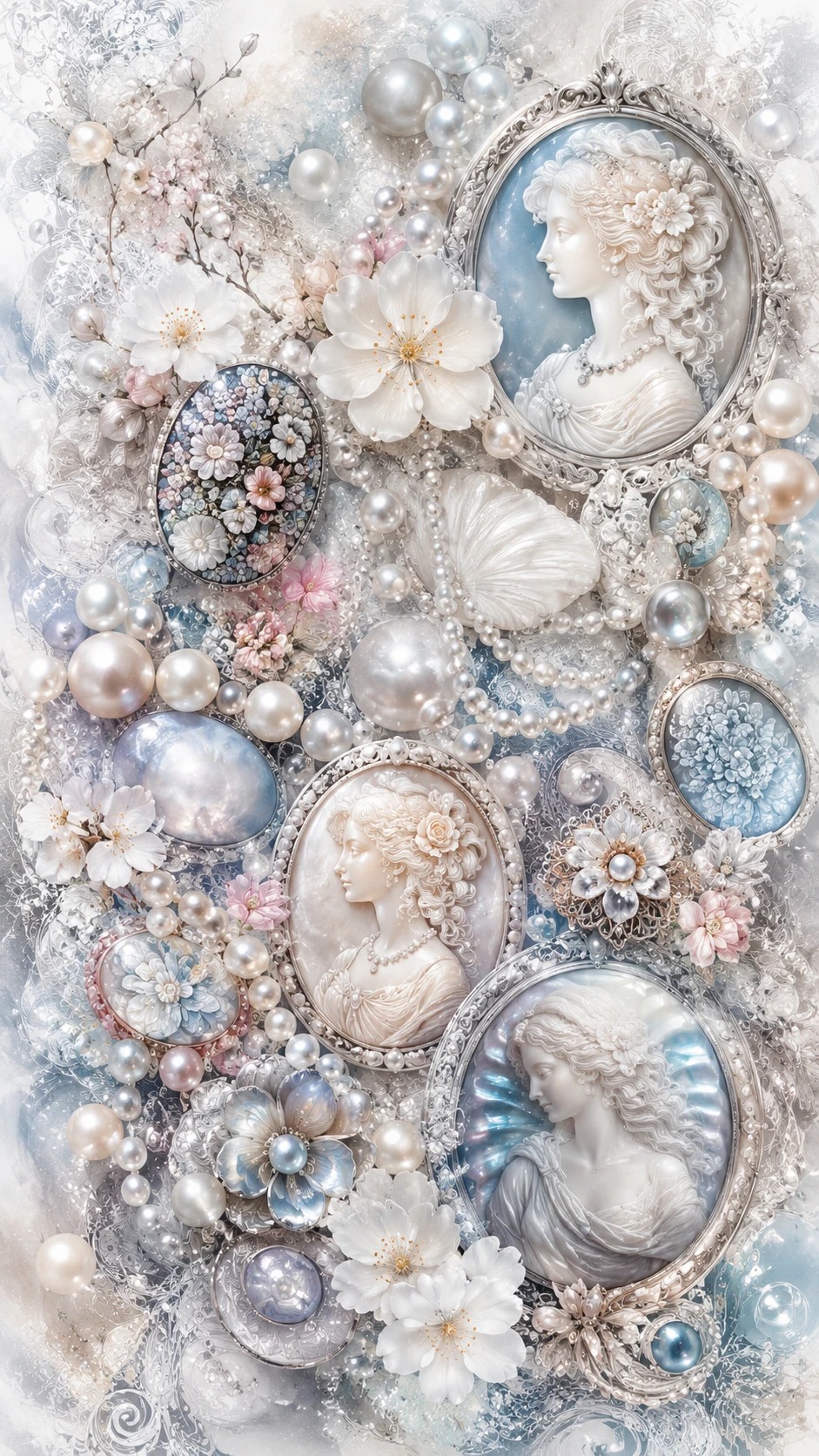 Delicate jewelry and floral cameos with luminous abstract background