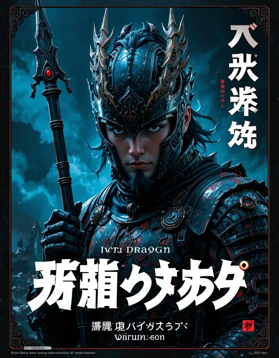 Dark fantasy dragon knight with spear on Japanese cover