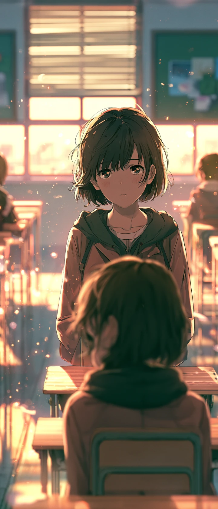 Shy Anime Girl Standing Alone In A Sunlit Classroom