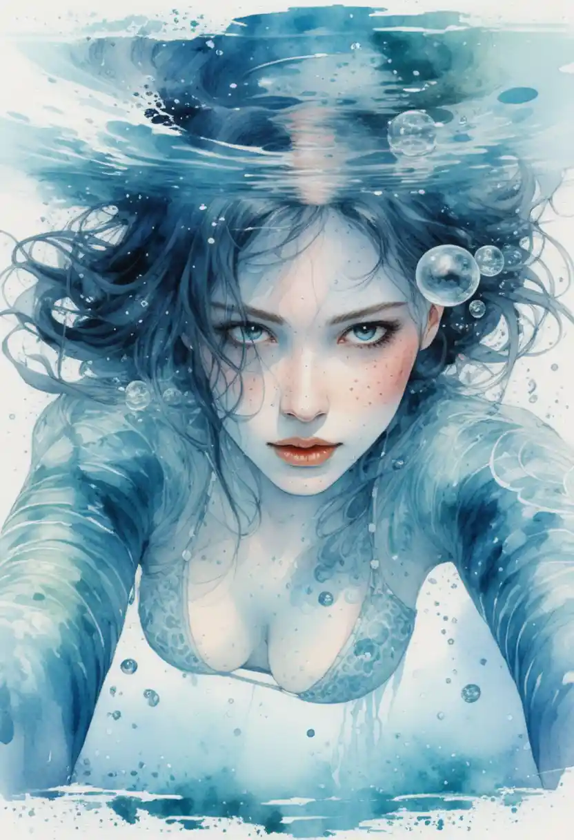Determined tattooed woman swimming just beneath turquoise water