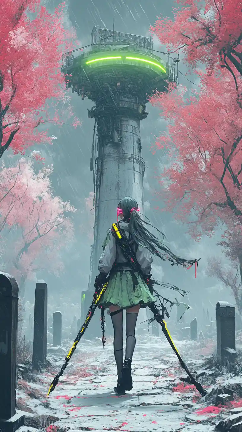 Anime girl walking along a stone path in a cemetery