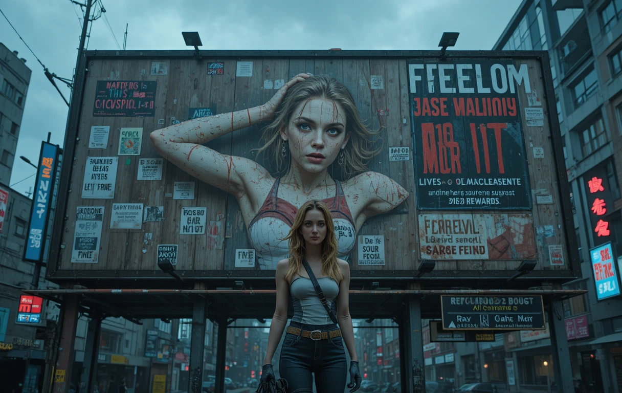 Cyberpunk woman standing by a dystopian neon city billboard