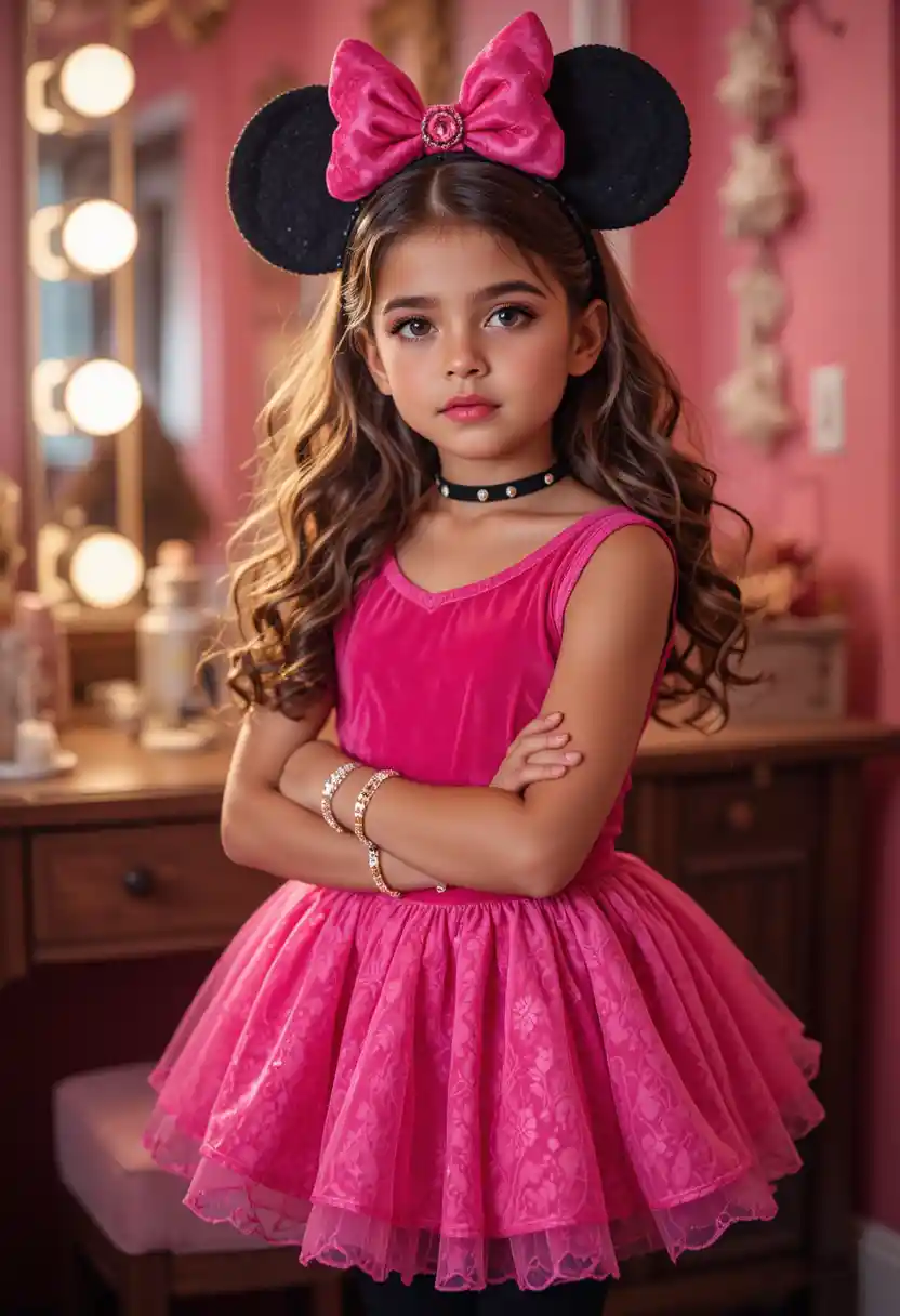 Boy in pink dress posing nervously at bedroom vanity