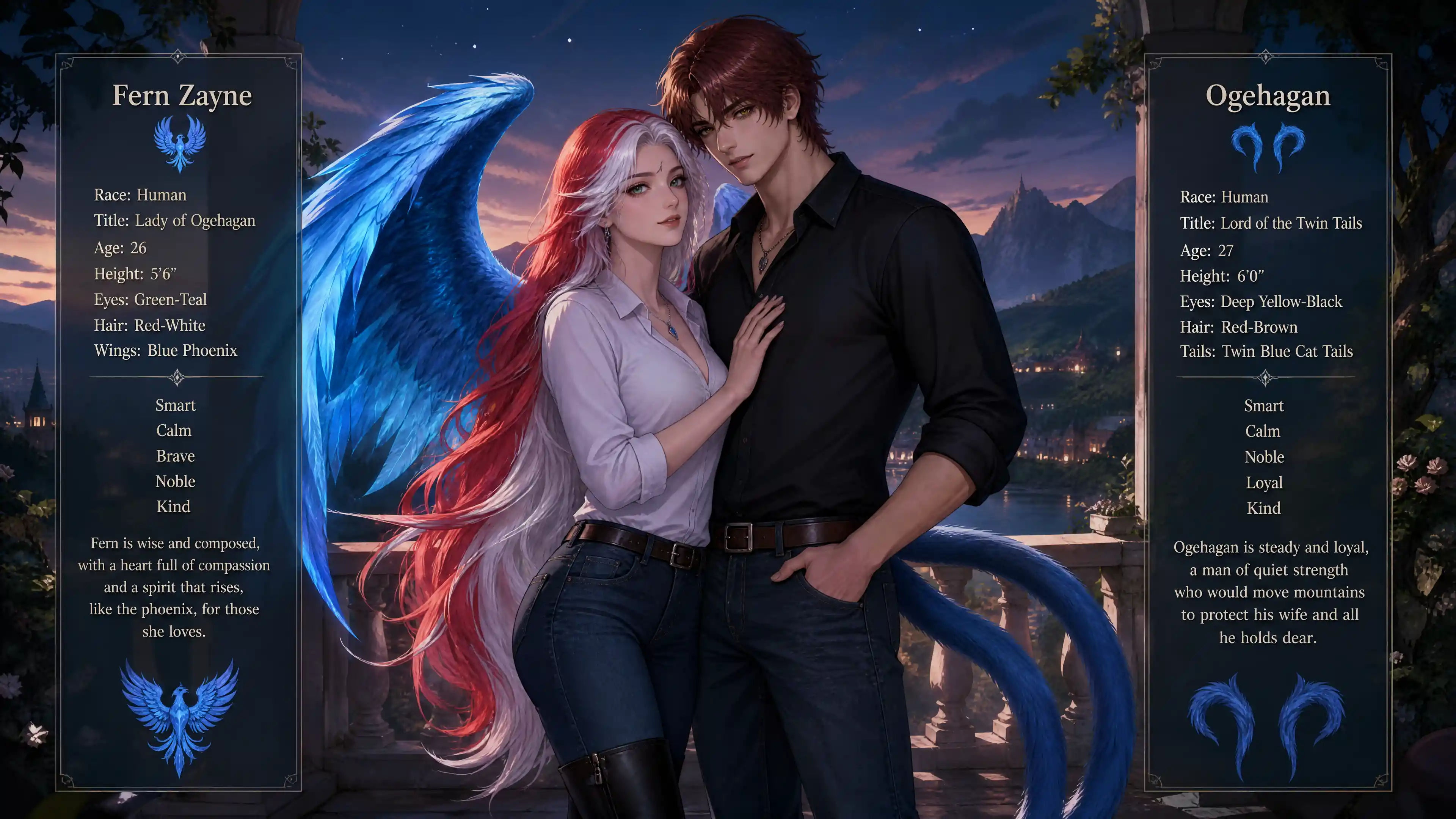 Blue winged fantasy woman with long red and white hair