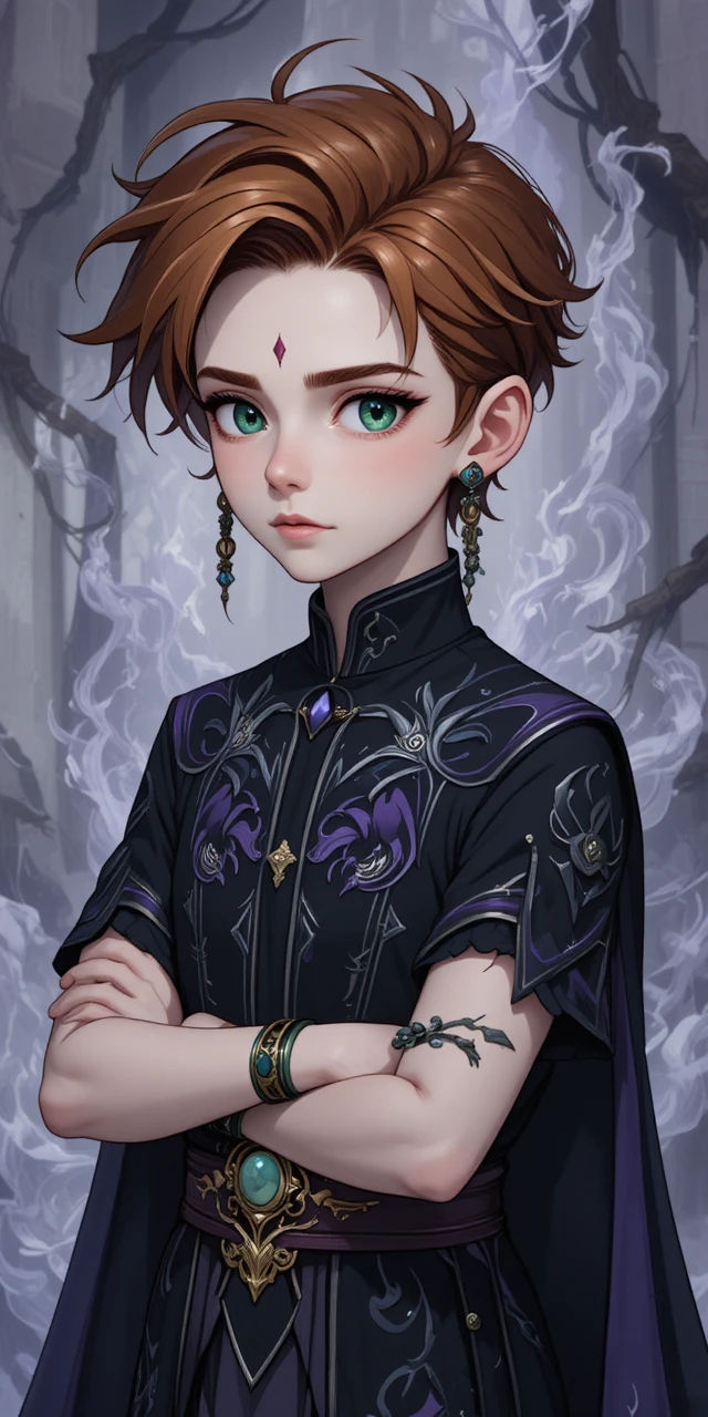 Young anime boy of dark nature magic in fantasy attire