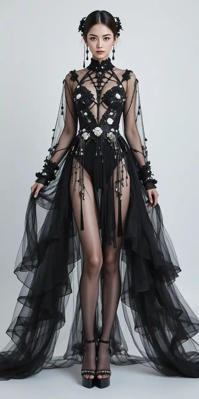 Elegant asian woman in gothic inspired couture gown