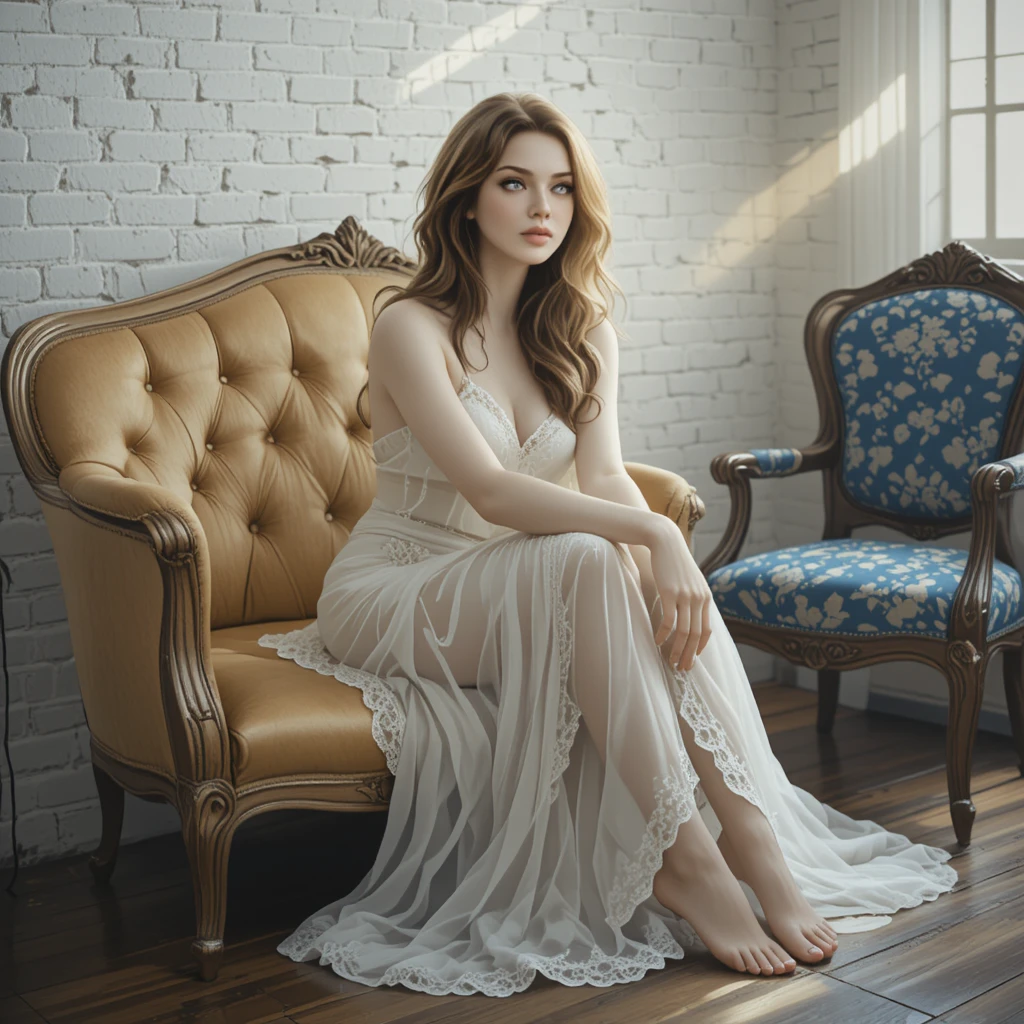 Young woman in lace gown on vintage gold sofa