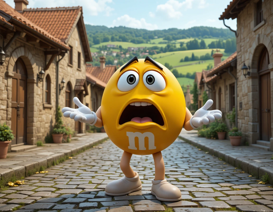 Panicked yellow candy character on rustic village street