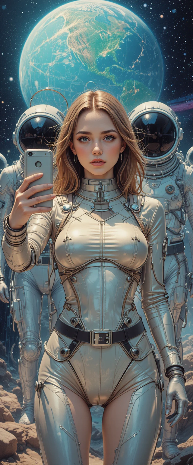 Young woman astronaut taking a selfie in outer space
