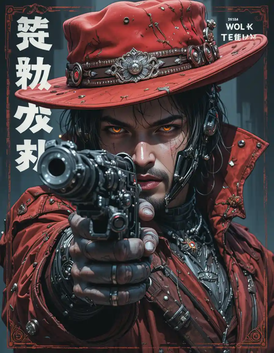 Retro cyborg vampire aiming a gun on light novel cover