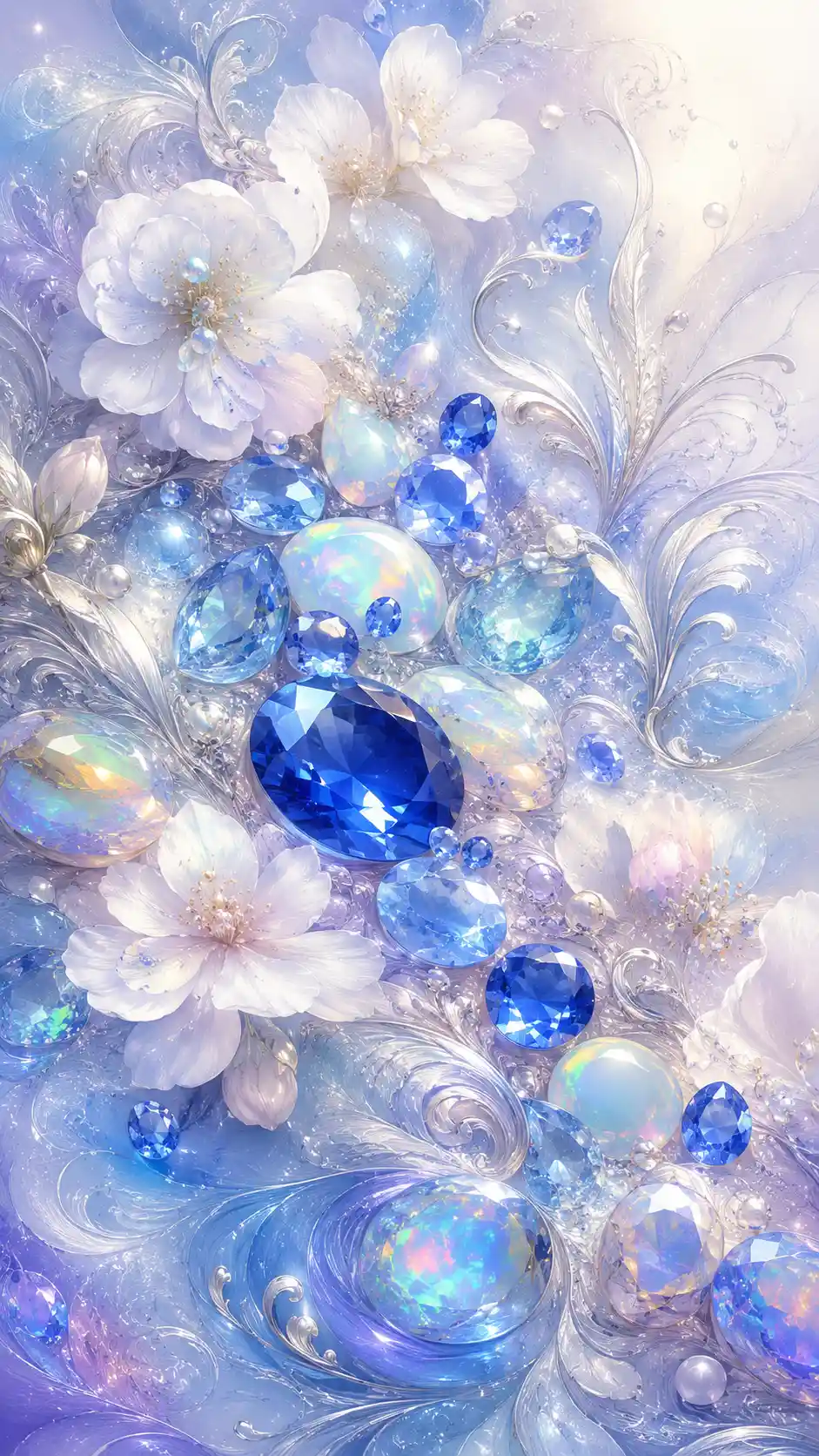 Luminous gemstones with delicate white flowers and silver patterns