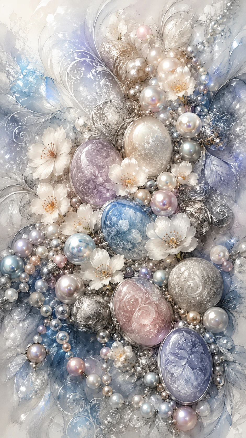 Luminescent pearls and floral jewelry on abstract silver background