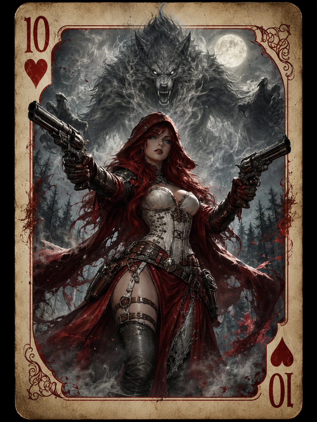 Red cloaked bounty hunter in a moonlit misty forest