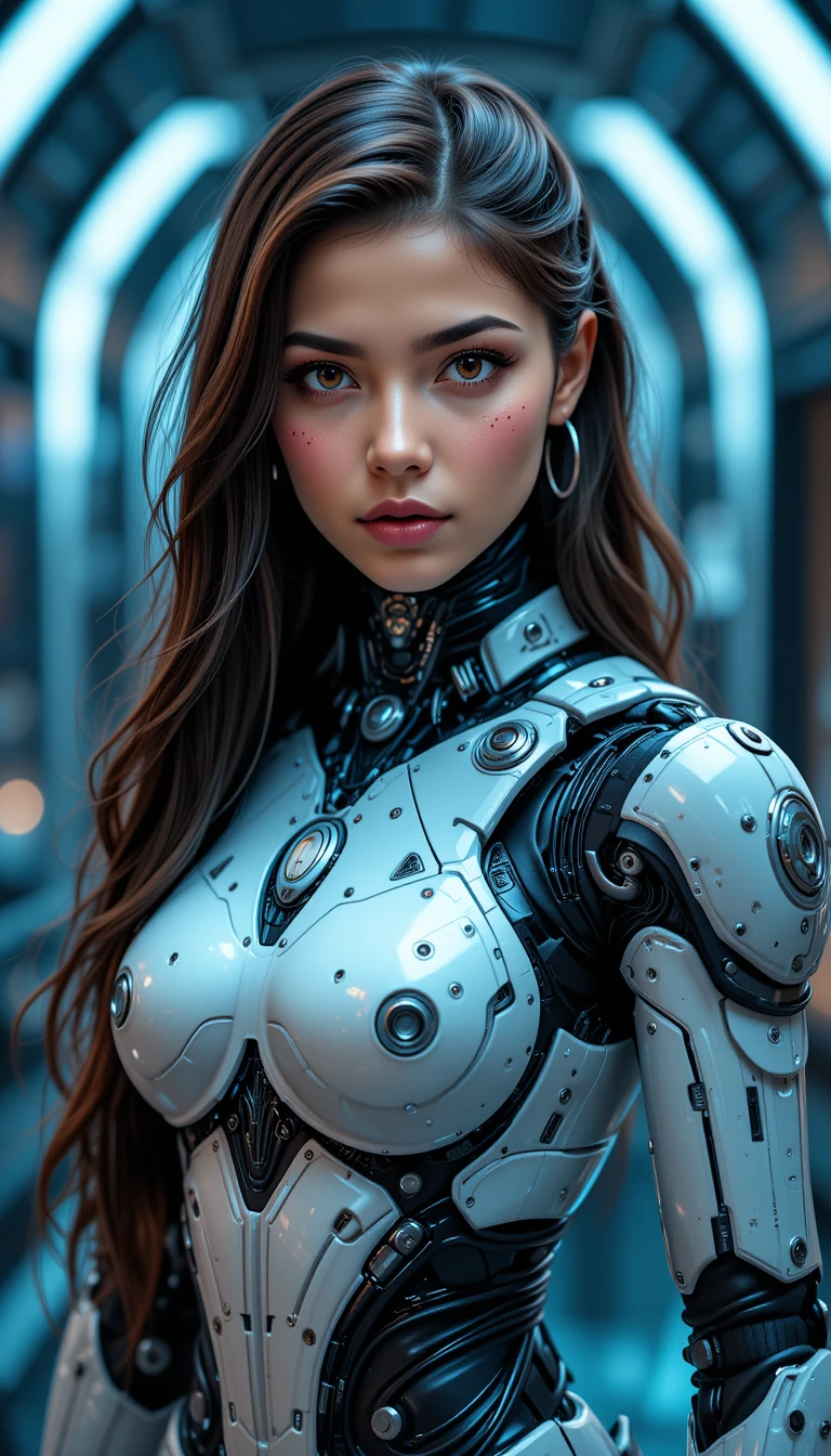 Young Colombian cyber warrior girl in full body view