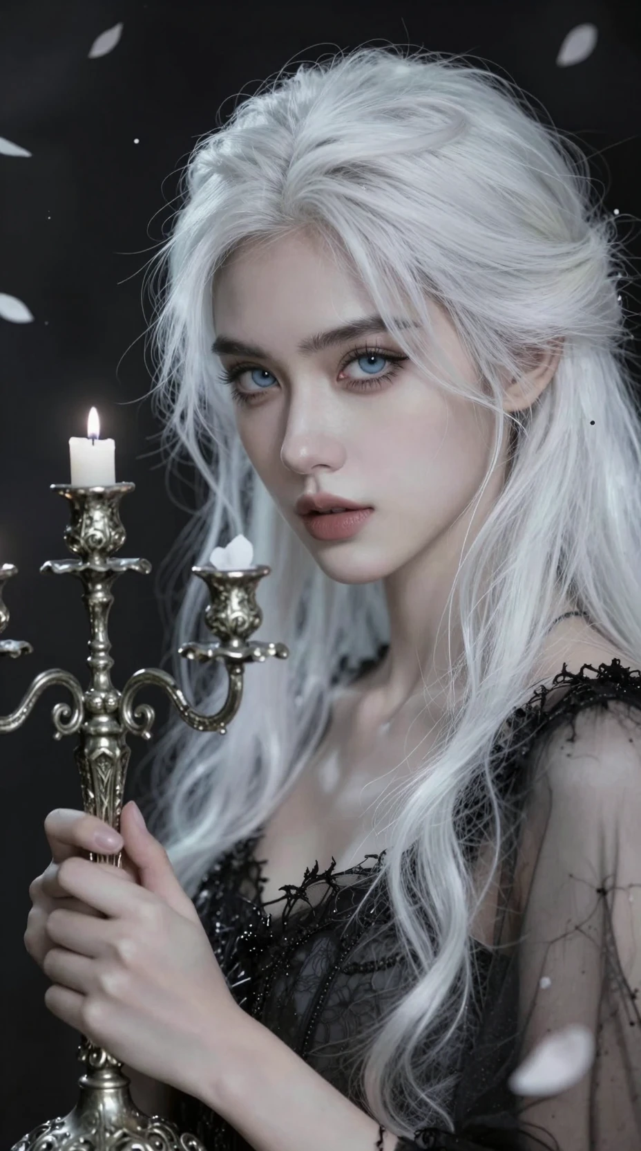 Retrato etéreo de una mujer de cabello platino con candelabro