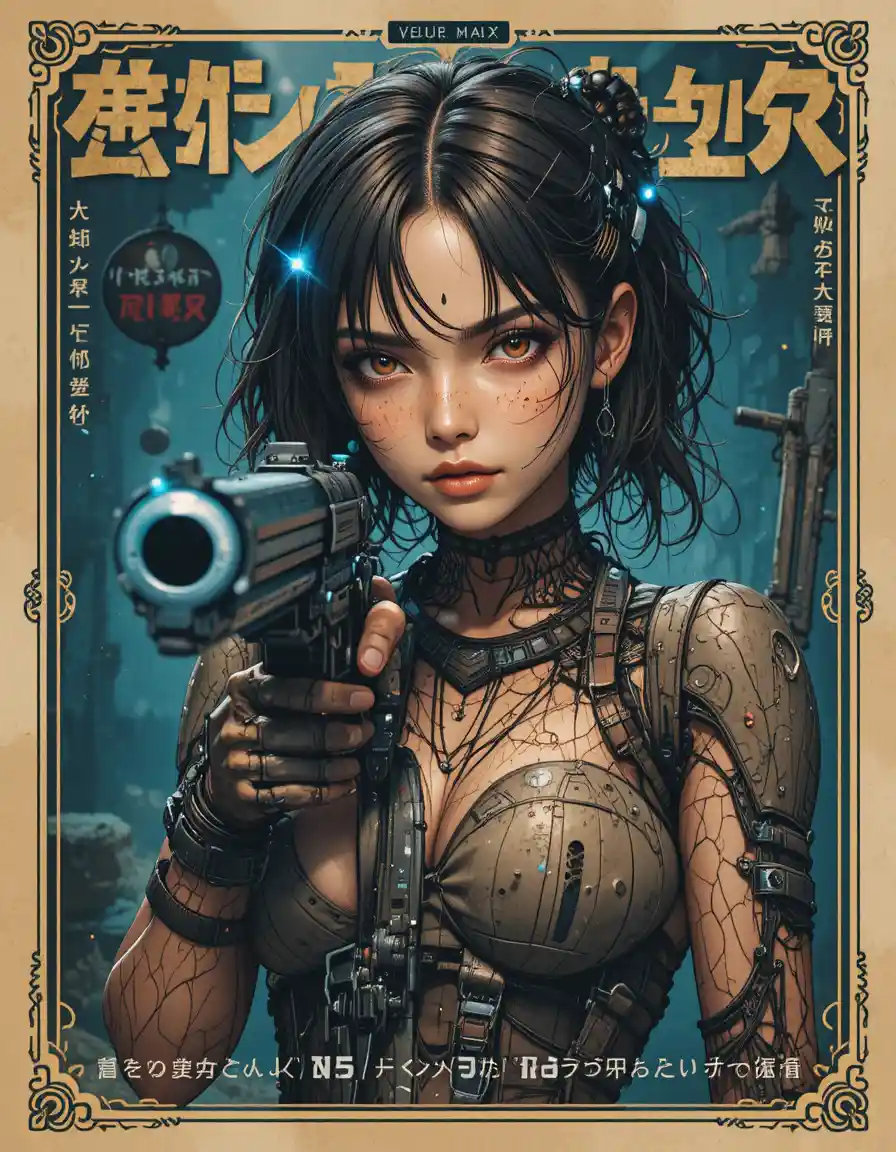 Androiden-Mädchen zielt mit Maschinenpistole auf japanischem Light-Novel-Cover