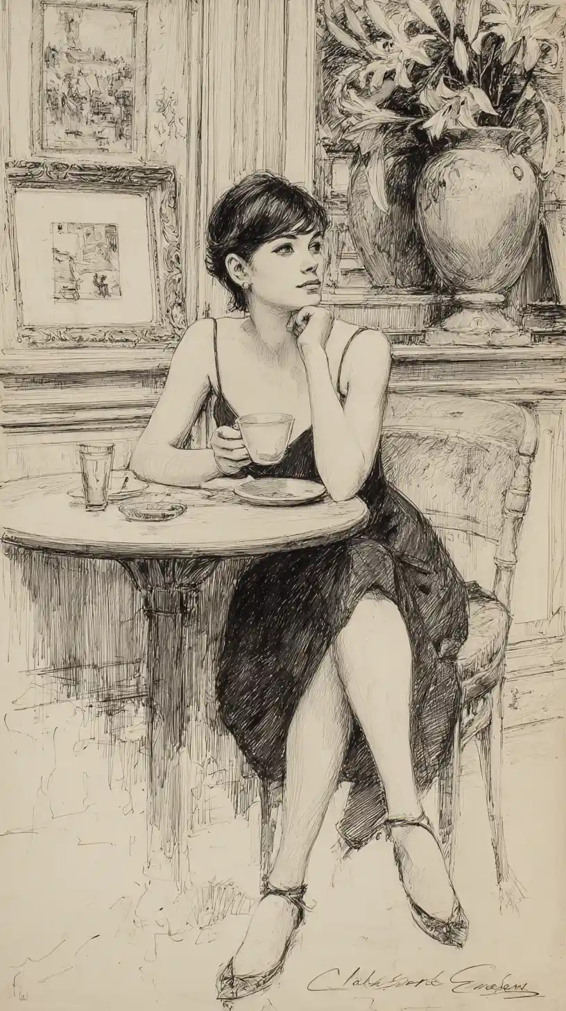 Elegant woman with coffee in a graphite cafe drawing