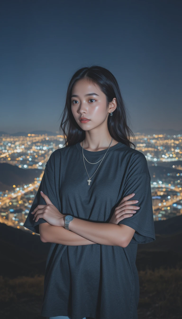 Young woman on plateau overlooking distant city lights