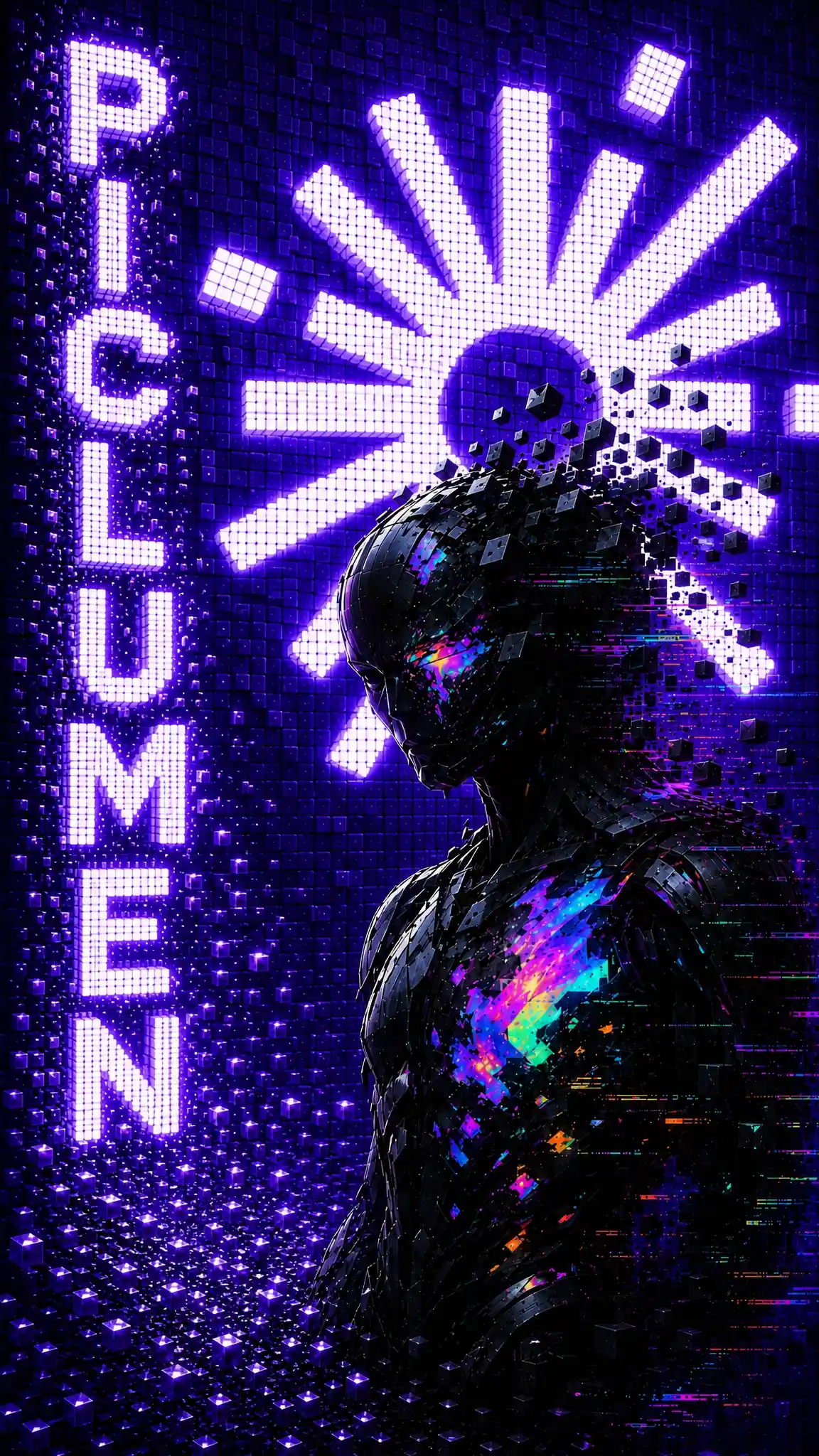 Cyberpunk cyborg dissolving into glowing voxel wall