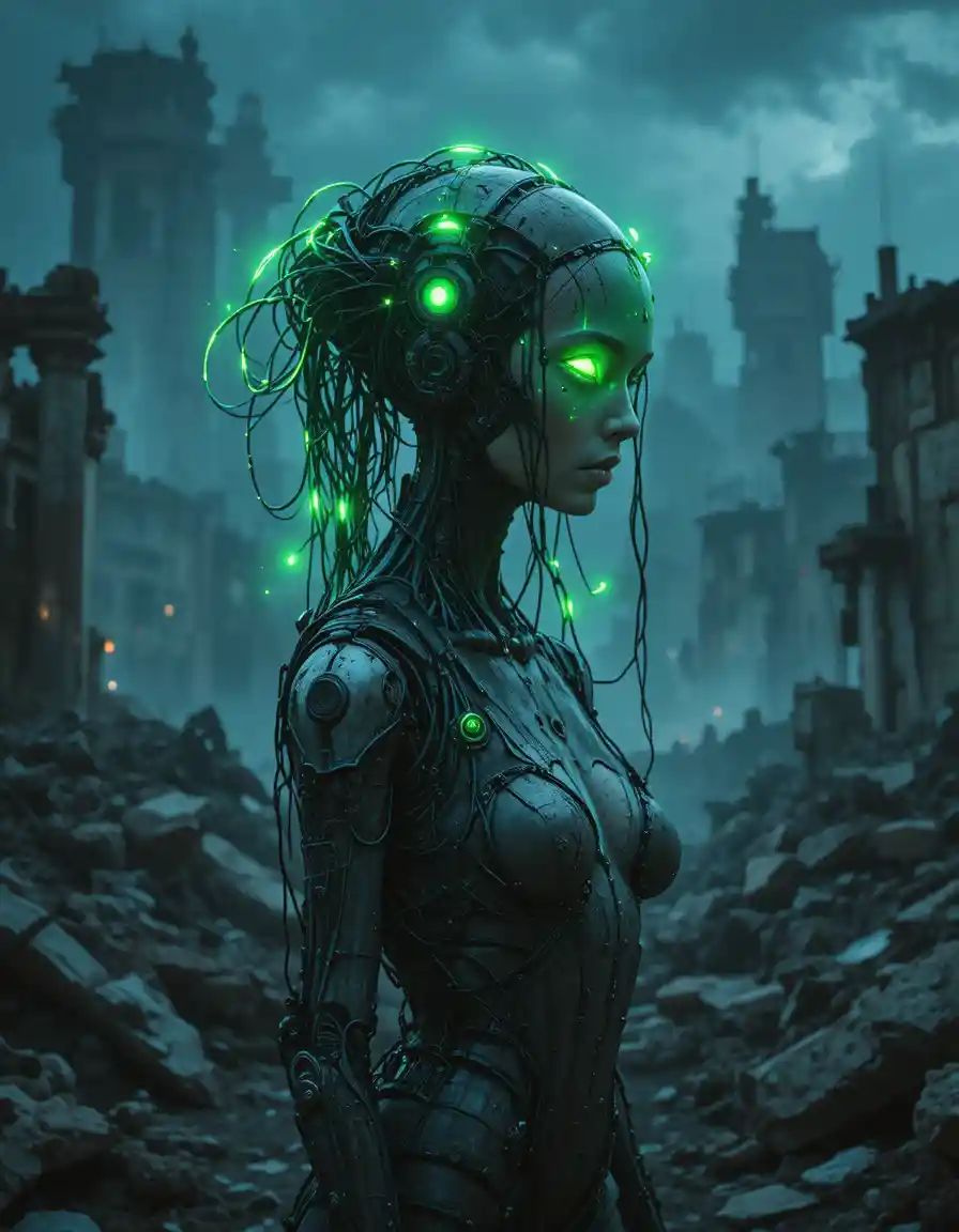 Android woman overloaded with neon power at night